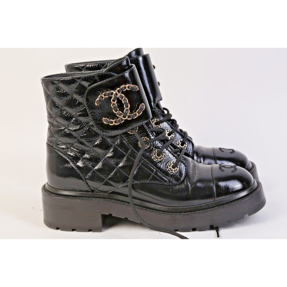 CHANEL Black Logo Quilted Patent Leather Combat Ankle Boots Booties Size 36 - Picture 2 of 14